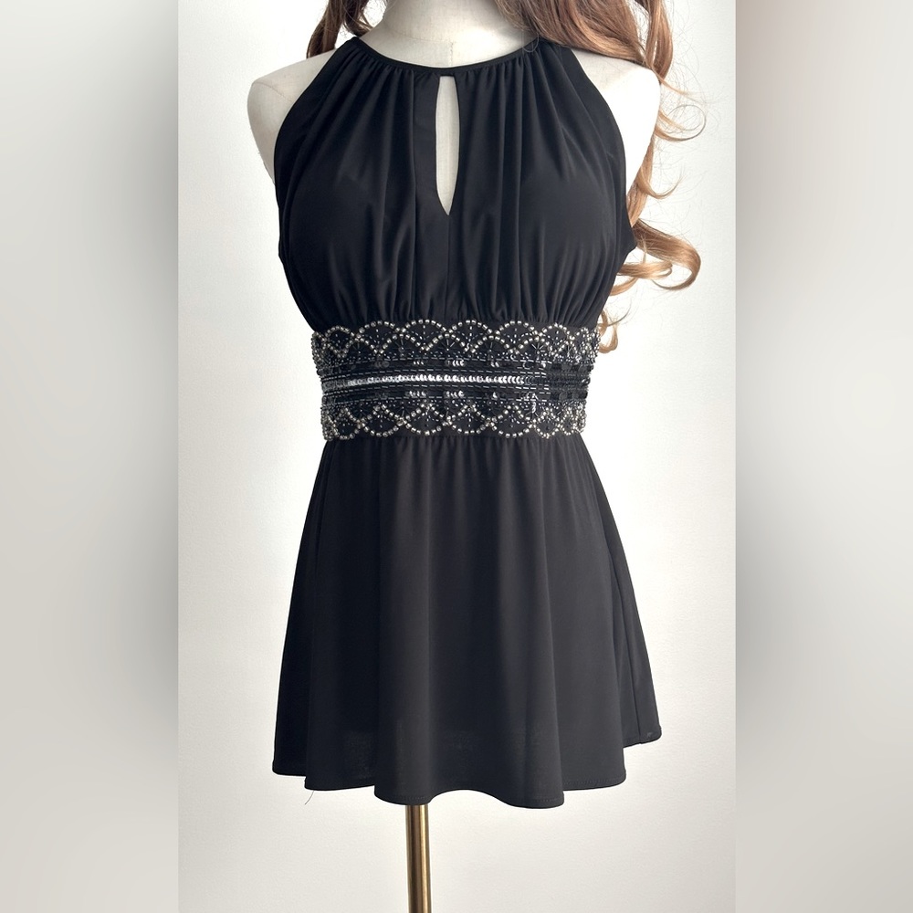 R&M Richards Beaded Black Sleeveless Tunic, Size Small